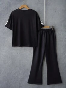 GODZILLAxKONG X SHEIN 2 件套青少年男孩休闲酷炫圆领短袖 T 恤和长喇叭裤套装 - 黑色 - 查看 2