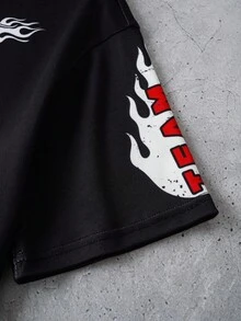 GODZILLAxKONG X SHEIN 2 件套青少年男孩休闲酷炫圆领短袖 T 恤和长喇叭裤套装 - 黑色 - 查看 10