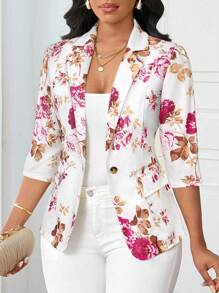 SHEIN Lady Áo khoác vest mỏng nữ mới 2025 phù hợp cho mọi mùa, áo khoác blazer nữ công sở thường ngày họa tiết hoa vào mùa thu/đông - Nhiều màu - Xem 5