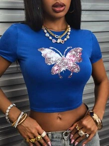 Women Rhinestone Butterfly Print Crew Neck Short Sleeve Fitted Casual T-Shirt - Blue - View 3