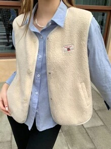 INAWLY Women's Cream White Lamb Fleece Vest Jacket,Elegant,Casual Occasion,Warm Lambswool With Cherry Patch,Metal Buttons,Autumn,Vintage Slim Fit,Flattering - White - View 5