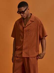 Musero Men Short Sleeve Button Through Revere Collar Front Chest Pocket Shirt - Orange - View 5