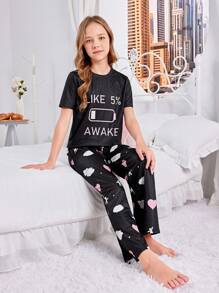 SHEIN Tween Girl Cute Sweet Short Sleeve And Long Pants Knit Flame Retardant Pajamas Set - Black - View 4