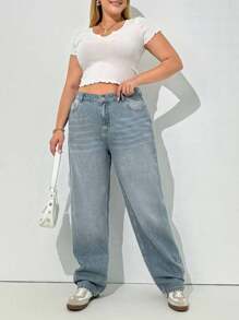 EURMUSE 100%Cotton Plus High Waist Straight Leg Jeans - Light Wash - View 1
