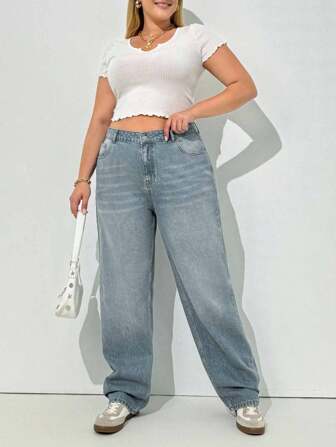 100% Coton Plus Jeans Taille Haute Jambe Droite