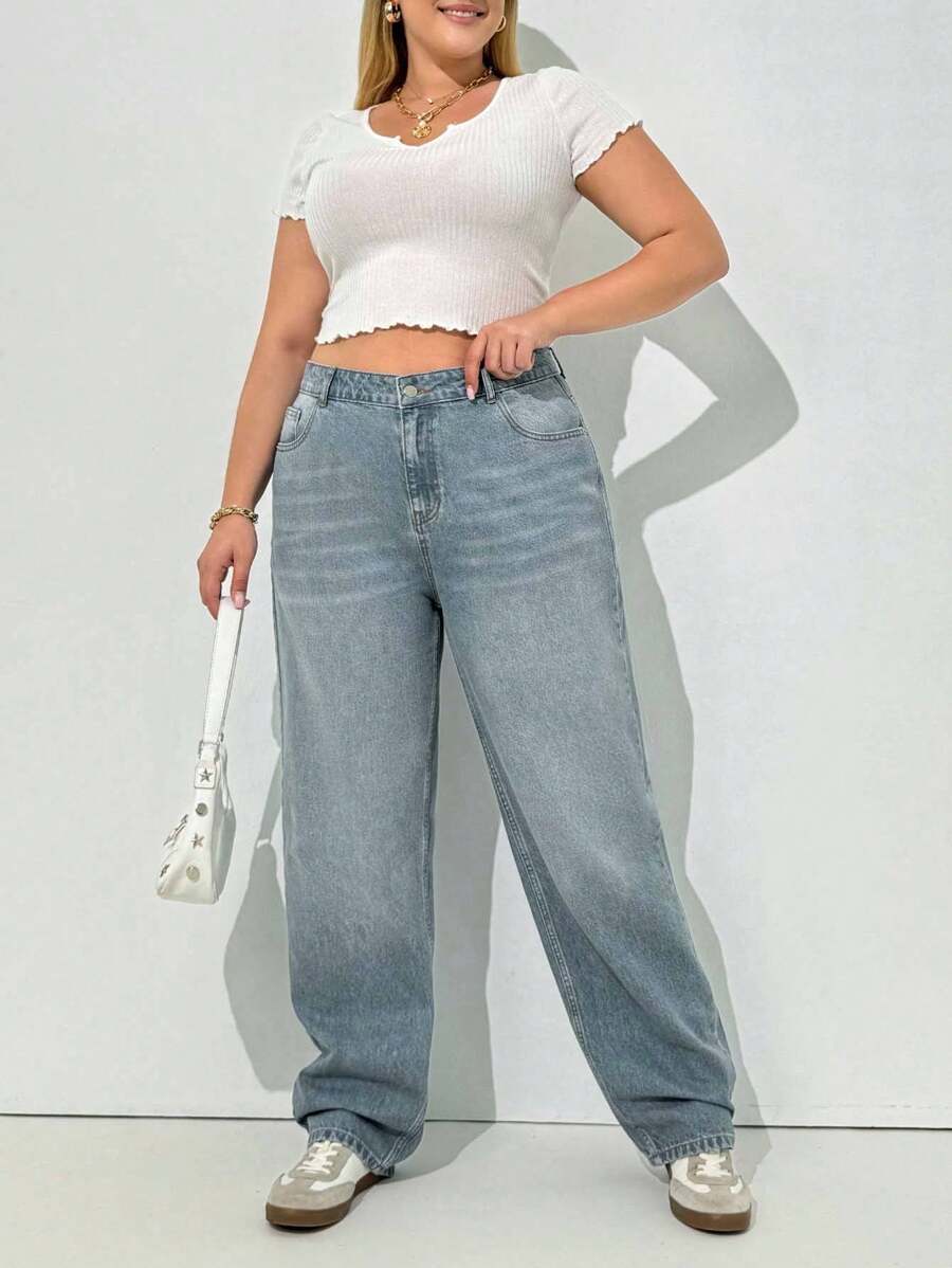EURMUSE 100%Cotton Plus High Waist Straight Leg Jeans - Light Wash - View 1