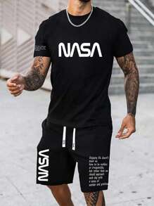 Manfinity LEGND 男士休闲字母印花圆领短袖T恤和短裤套装，夏季