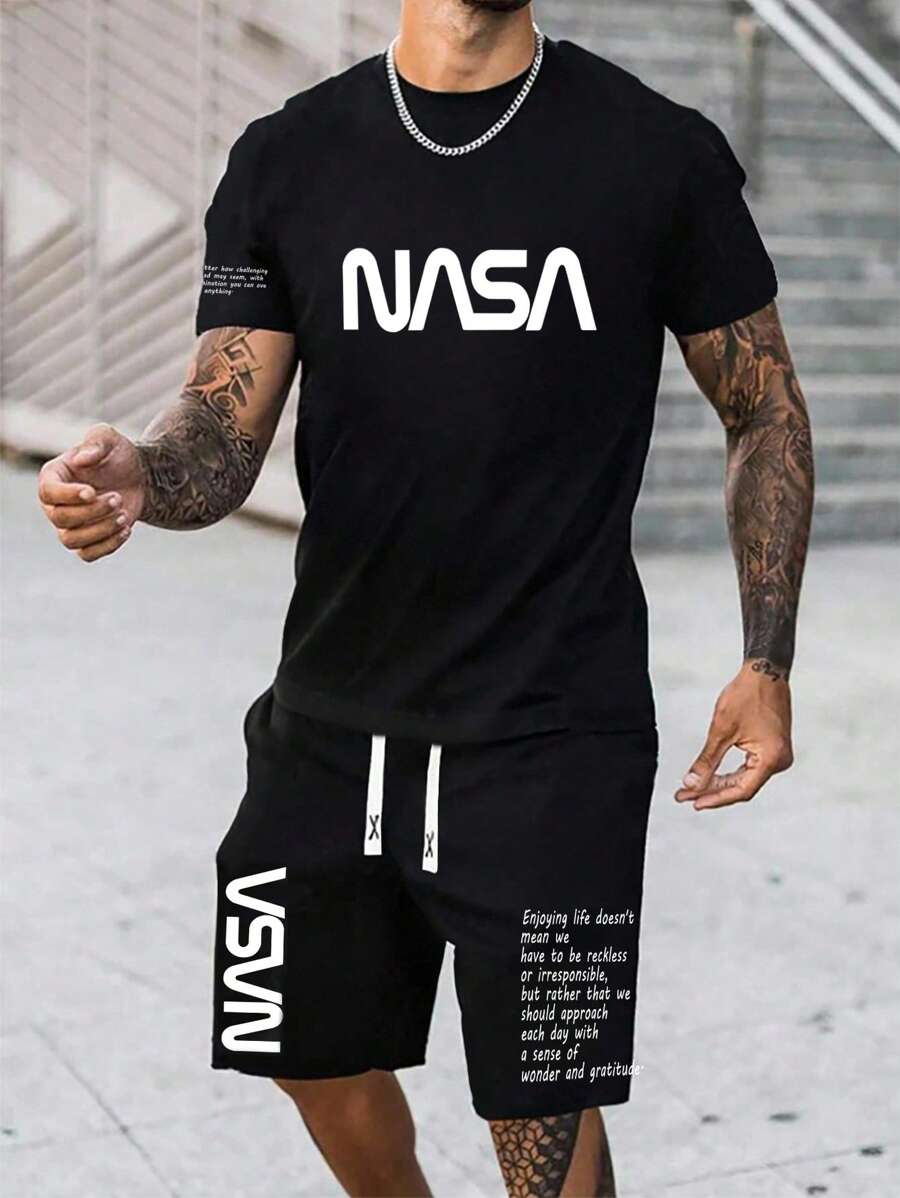 Manfinity LEGND 男士休闲字母印花圆领短袖T恤和短裤套装，夏季