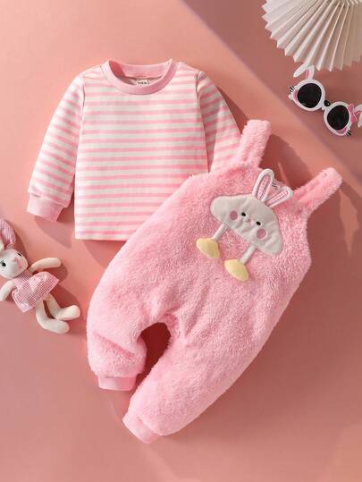 SHEIN 女婴毛绒连体衣套装，含长袖运动衫，可爱 3D 刺绣服装