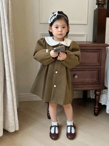 SHEIN 女宝宝复古翻领长袖羊毛开衫外套，适合秋冬季外出聚会日常穿着 - 軍綠色 - 查看 3