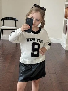 SHEIN Young Girl Letter & Number Pattern V-Neck Fitted Casual Sweater,In Fall/Winter - White - View 4