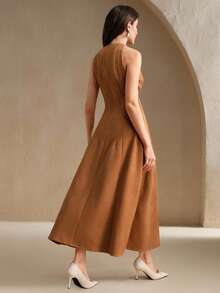 Anewsta Vestido Midi Elegante Feminino Cáqui, Sem Mangas, Com Cintura Franzida, Plissado, - Caqui - Ver 2