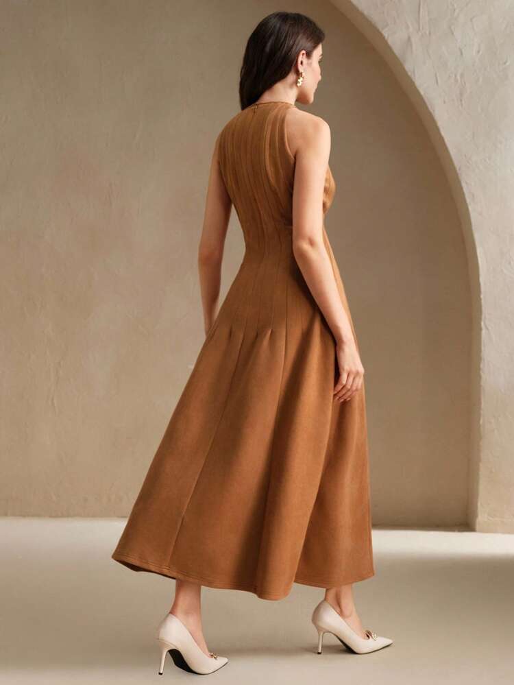 Elegant Women's Khaki Sleeveless Cinched Waist Accordion Pleated Suede Midi Dress
