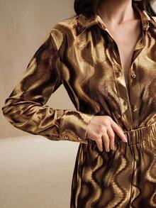 Anewsta 女式两件套，秋冬新品，万圣节和圣诞节，复古都市时尚闪亮波浪褶皱纹理面料宽松舒适时尚上衣和休闲裤 - 卡其色 - 查看 7