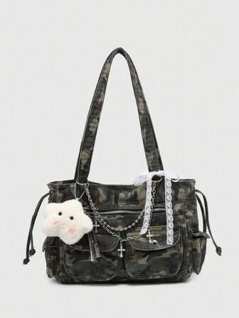 Kawaii Bolso de hombro de gran capacidad con múltiples bolsillos, con decoración de cruz y corazón vintage desgastado en degradado de camuflaje, y lazo en la correa, para mujer
