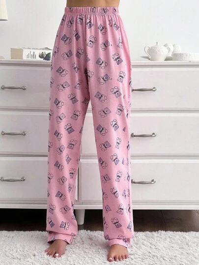SHEIN Plus Size Women Cotton Cute Bear Pattern Homewear Comfort Sleep Bottoms Sleep Pants Pjs Pink Pink Pajama Pants Pink Sleepwear Bear Print Pajamas