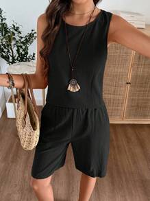 EMERY ROSE Women's Solid Color Round Neck Sleeveless Top And Shorts Casual 2 Pieces Set Short Sets For Women Vacation