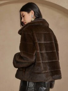 DAZY 女式立领短款仿皮草外套 - 棕色 - 查看 2