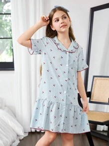 SHEIN 女童荷叶边领口前开褶皱樱桃格子印花睡袍 - 彩色 - 查看 1