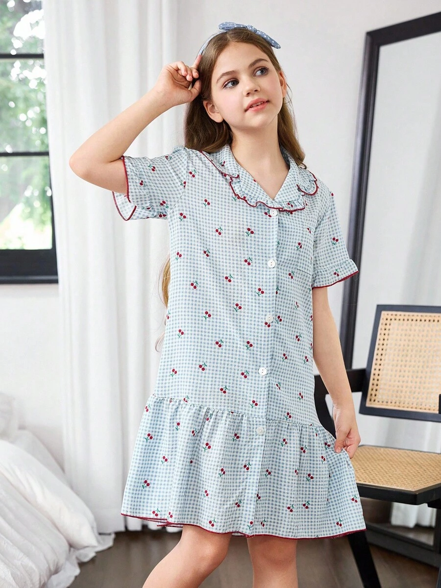 SHEIN 女童荷叶边领口前开褶皱樱桃格子印花睡袍 - 彩色 - 查看 1