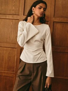 Poéselle Blusa casual/de oficina con mangas acampanadas y cintura fruncida para mujer - Albaricoque - Ver 7