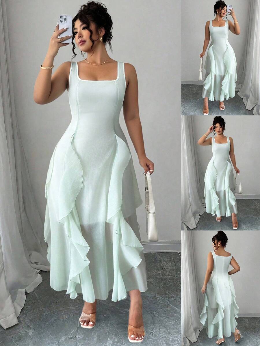 SHEIN Elenzya 大码女式方领无袖荷叶边腰中长连衣裙 - 綠色 - 查看 1