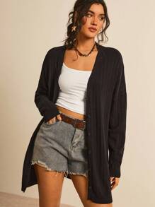 SHEIN LUNE Plus Solid Button Front Cardigan In Fall/Winter - Black - View 6