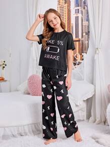 SHEIN Tween Girl Cute Sweet Short Sleeve And Long Pants Knit Flame Retardant Pajamas Set - Black - View 5