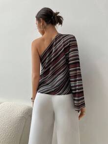 Aloruh Fall Women's Fashion Asymmetric Striped One Shoulder Sleeve Top,  Off Shoulder Design, Fall Women Clothes