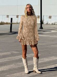 SHEIN ICON Damen neue elegantes rückenfreies Spitze-Patchwork Minikleid, cremefarbener Einfarbig