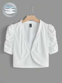 SHEIN Clasi Plus Puff Sleeve Open Front Crop Jacket Winter Fall Autumn - White - View 1