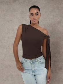 SHEIN BAE 不对称领带肩女式衬衫，优雅派对俱乐部服装，适合日常约会、夜间外出、万圣节、秋季 - 咖啡棕 - 查看 6