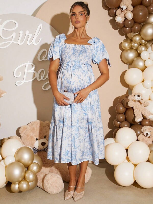 Loomaby Umstandsmode Sommer Lässig Party & Urlaub Blume Muster Quadratischer Ausschnitt Puffärmel Schleife Dekor Rüschen Saum Locker Kleid Mutterschaftskleid Baby Dusche Kleid Gender Enthüllungs Kleid Umstandsmodefreundliches Kleid Blaues Blumen Mutterschaftskleid