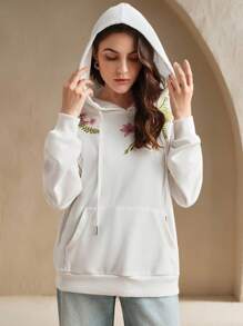 Anewsta Áo hoodie thêu hoa giản dị - trắng - Xem 7