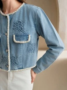 Anewsta 女士时尚撞色肩章长袖单排扣铆钉压花牛仔夹克 - 藍色 - 查看 7