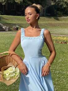 Glamine Vitamin Colors SummerHoliday  Women's Elegant Solid Color Square Neck Waist Cinched Long Dress, Suitable For Dates And Daily Wear Fall Women Clothes Back To School