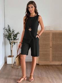 EMERY ROSE Women's Solid Color Round Neck Sleeveless Top And Shorts Casual 2 Pieces Set Short Sets For Women Vacation