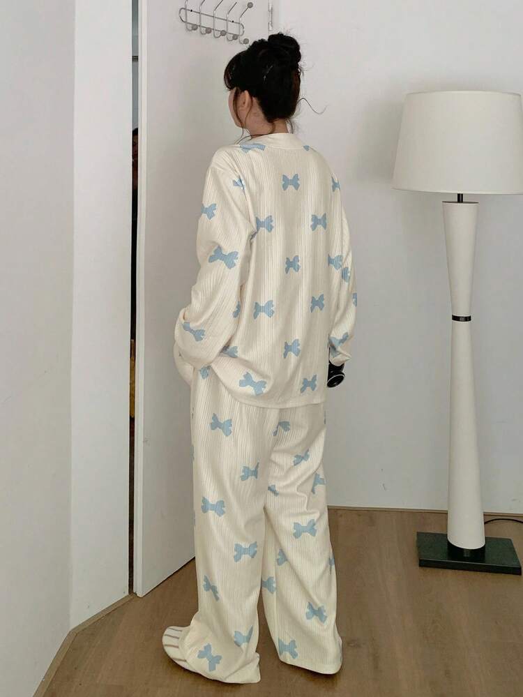 Dazy Plus Bow Print Floral Casual Loose Top And Pants Pajama Set, Plus Size Women Autumn Sleepwear, Fall Winter Clothes, Cozy Outfit