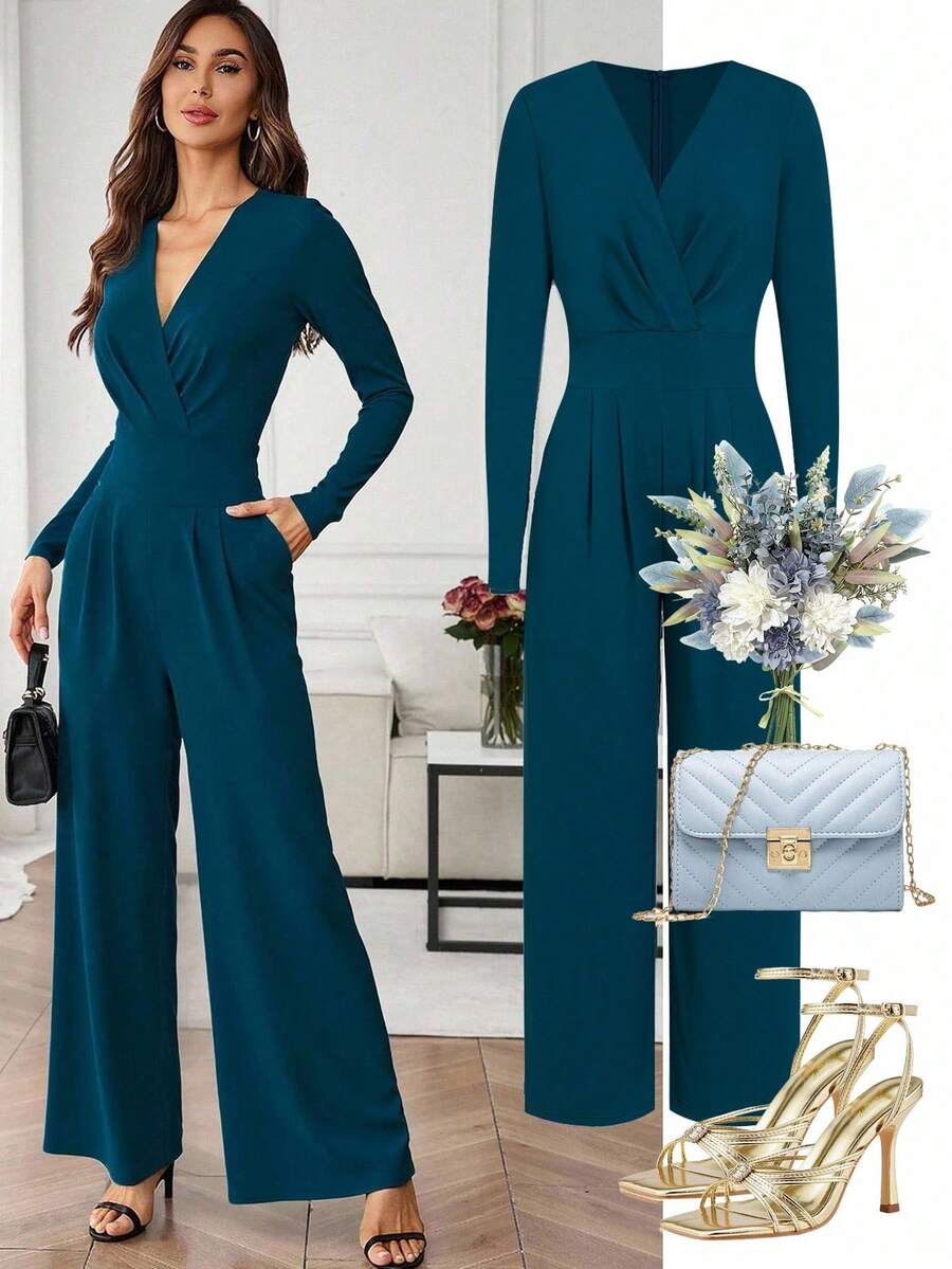 Ellevyn V领修身连体裤，优雅造型 - 水鴨藍 - 查看 1