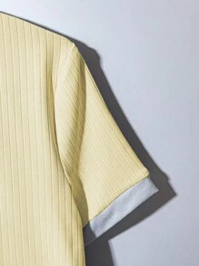 Franclia 时尚简约针织蓝罗纹撞色白色 Polo 领，白色袖口短袖 T 恤，适合女性穿着，春夏奶油黄色系大学风服装。 - 黃色 - 查看 3