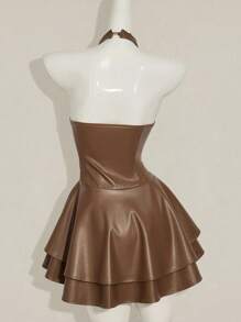 SHEIN ICON 女士 Y2k 时尚辣妹演唱会女装俱乐部派对节日狂欢装 Y2k 外出交叉带 PU 皮革露背迷你吊带黑色连衣裙 - 棕色 - 查看 2