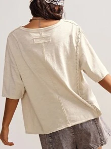 Bohemela 女士休闲纯色针织圆领短袖宽松水洗T恤 - 杏色 - 查看 6