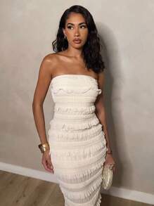 Glamine 米色蕾丝露背褶饰长裙、约会夜服装、生日服装、婚礼宾客礼服、独立日礼服、蜜月服装、街头服饰、秋季女装 - 米色 - 查看 6