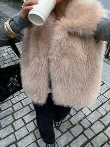 Siren Gaze Solid Color Sleeveless Casual Faux Fur Jacket, Retro Open Front Coat With Artificial Fur Collar, Fashionable Outerwear In Fall/Winter Brown