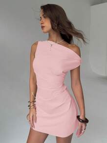 Aloruh New Asymmetric Asymmetric Neck Ruched Waist Slim-Fit Mini Dress - Pink - View 4