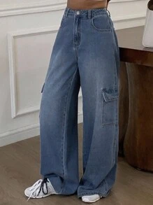 Livesso Women's Casual Washed Wide Leg Cargo Jeans - Light Wash - View 1