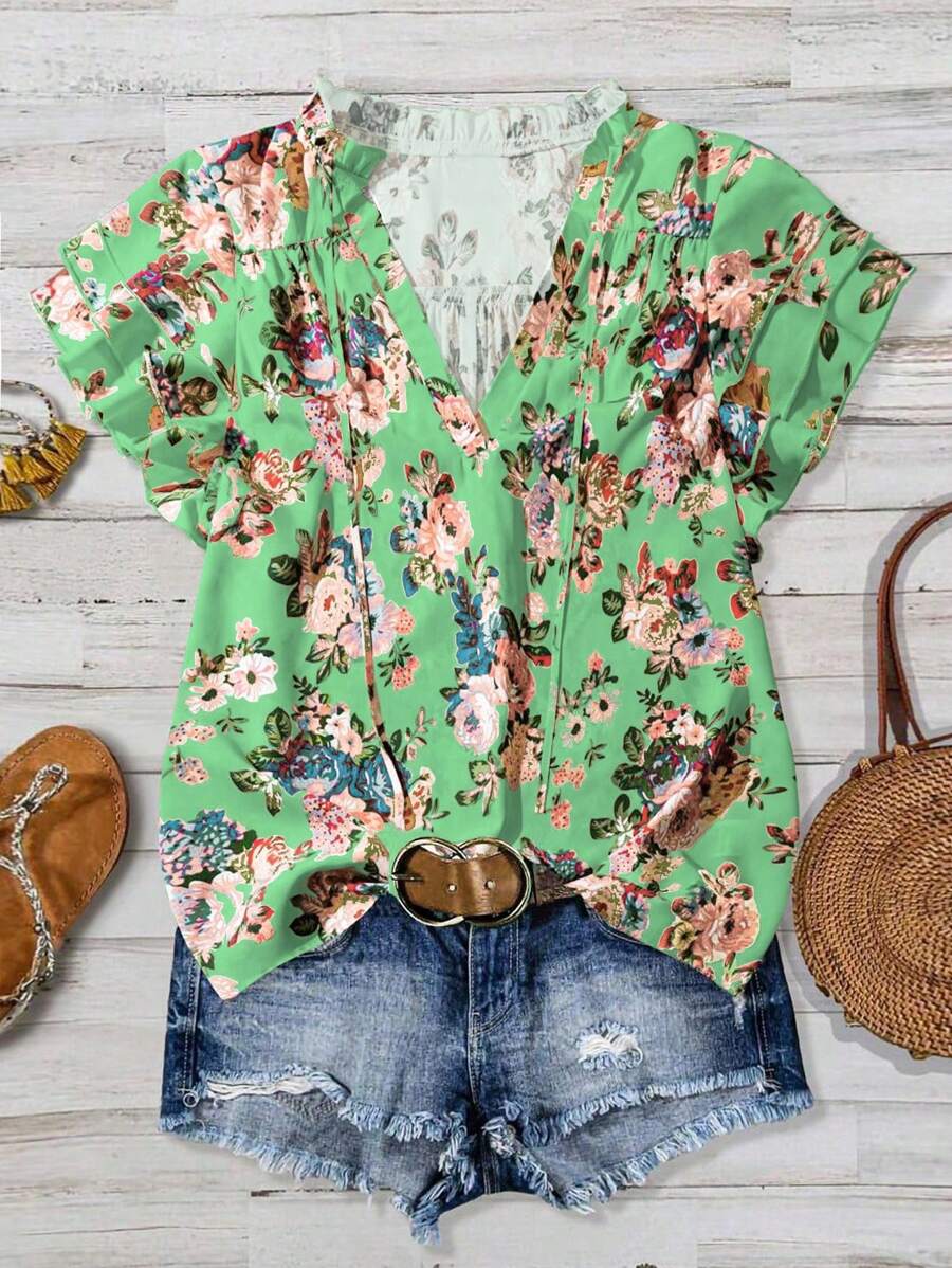 Chiquease Women's Loose V-Neck Floral Print Ruffle Short Sleeve Blouse, Vacation Style Clothes For University - Green - View 1
