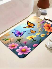 1pc Super Absorbent Diatomite Bathroom Mat, Non-Slip, Quick Drying Rug, Gorgeous Dreamy Flowers And Butterflies Non-Slip Absorbent Bathroom Mat, Soft Diatom Mud And Rubber Backing, Easy To Clean Quick Drying Bathroom, With Bright Floral Butterfly Design, Suitable For Bathroom Living Room Laundry Room Home Decoration, Bathroom Bath Mat, Easy To Clean Material - Multicolor - View 3