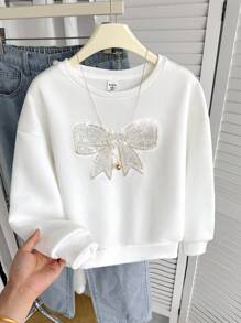 SHEIN Tween Girl Loose Casual Minimalist Comfortable Round Neck Long Sleeve Bow Decor Sweatshirt,In Fall/Winter - White - View 7