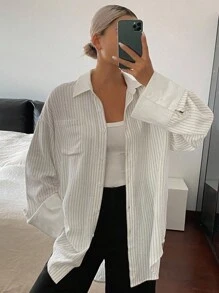 Livesso Camisa holgada de mujer con rayas y parches, de manga larga - Blanco - Ver 1
